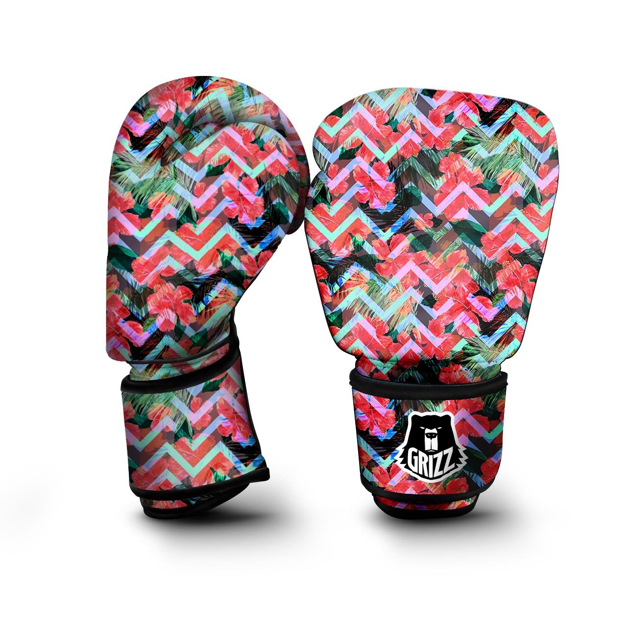 Chevron Red Hibiscus Print Pattern Boxing Gloves-grizzshop