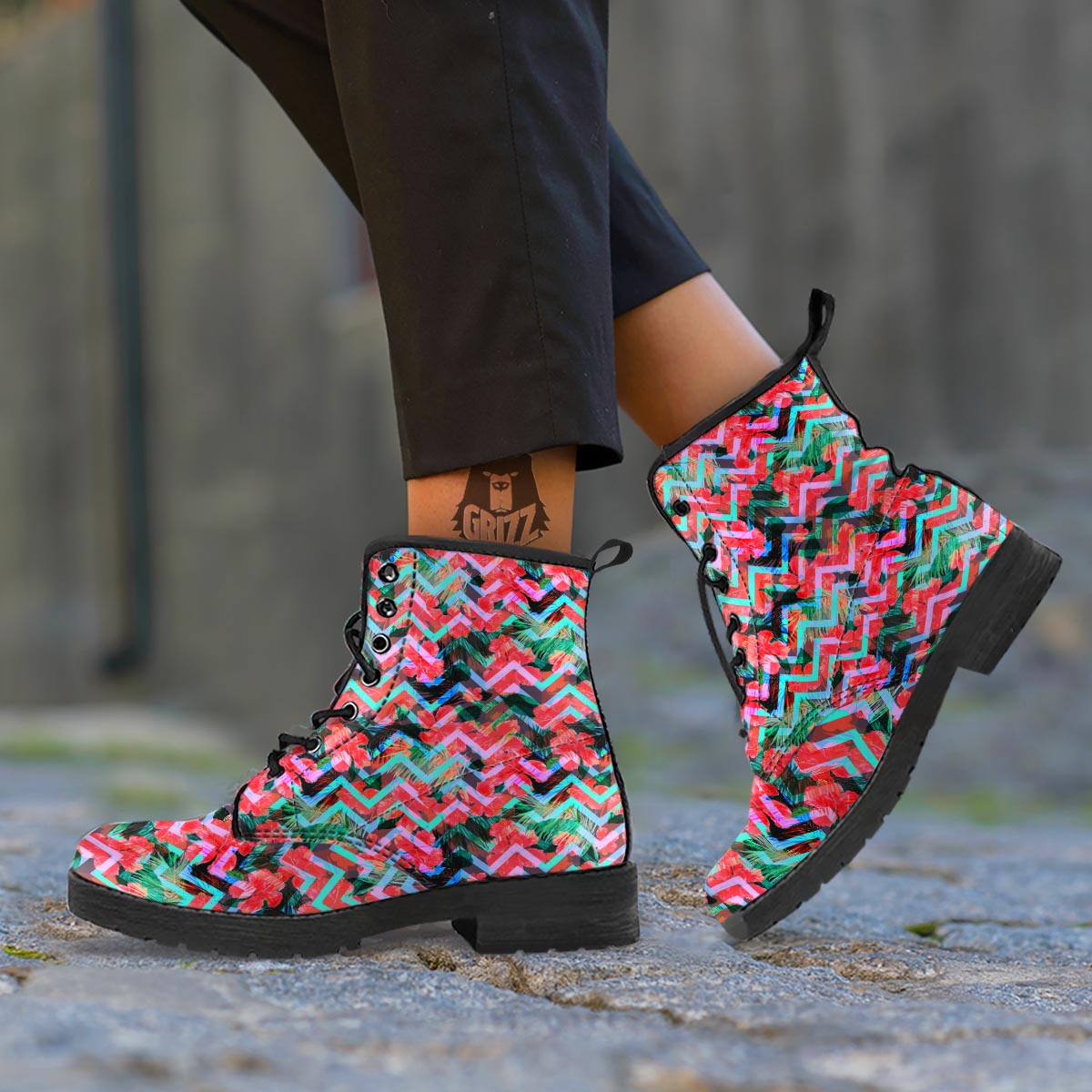 Chevron Red Hibiscus Print Pattern Leather Boots-grizzshop