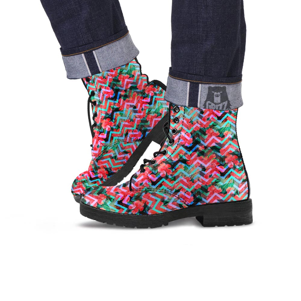 Chevron Red Hibiscus Print Pattern Leather Boots-grizzshop