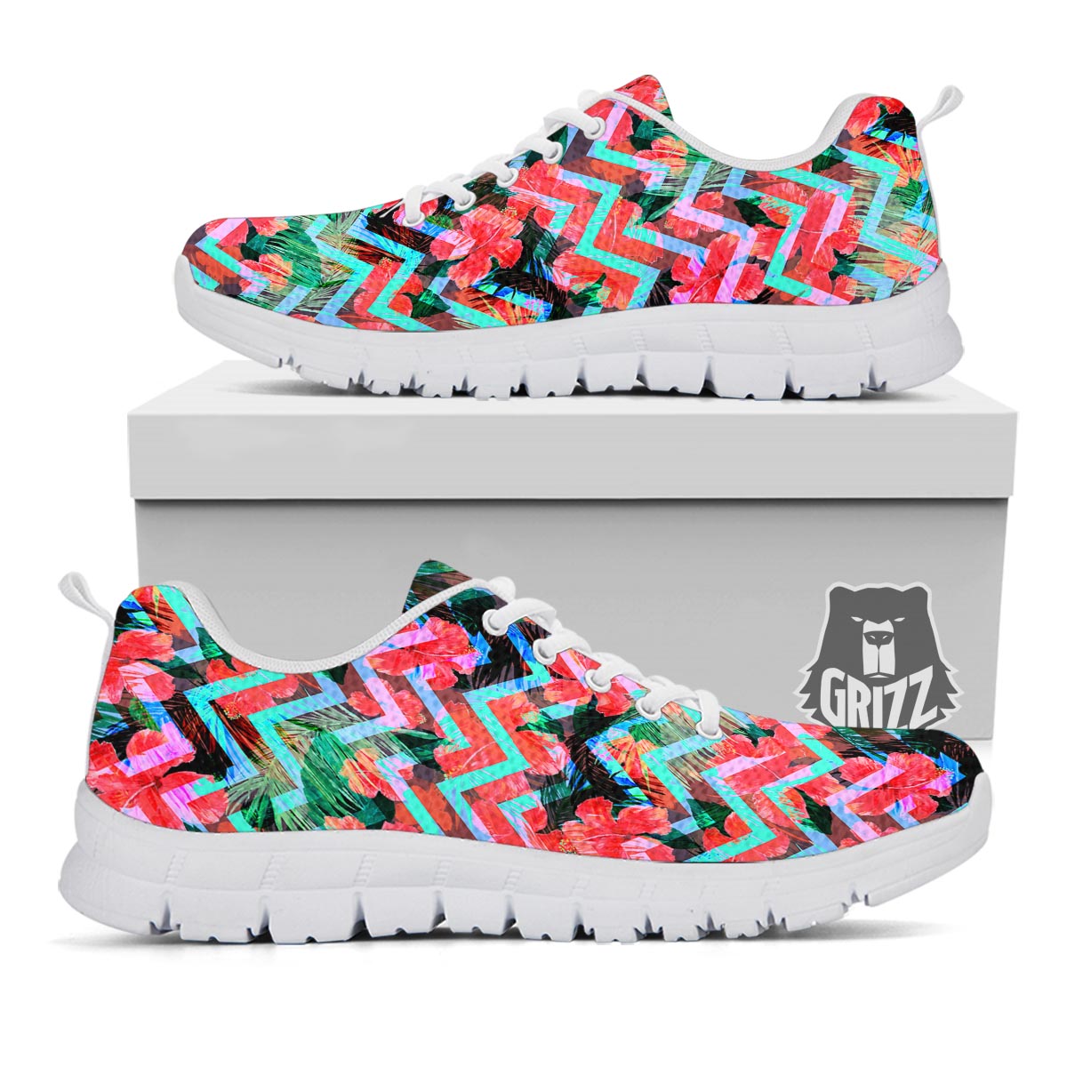 Chevron Red Hibiscus Print Pattern White Sneaker-grizzshop