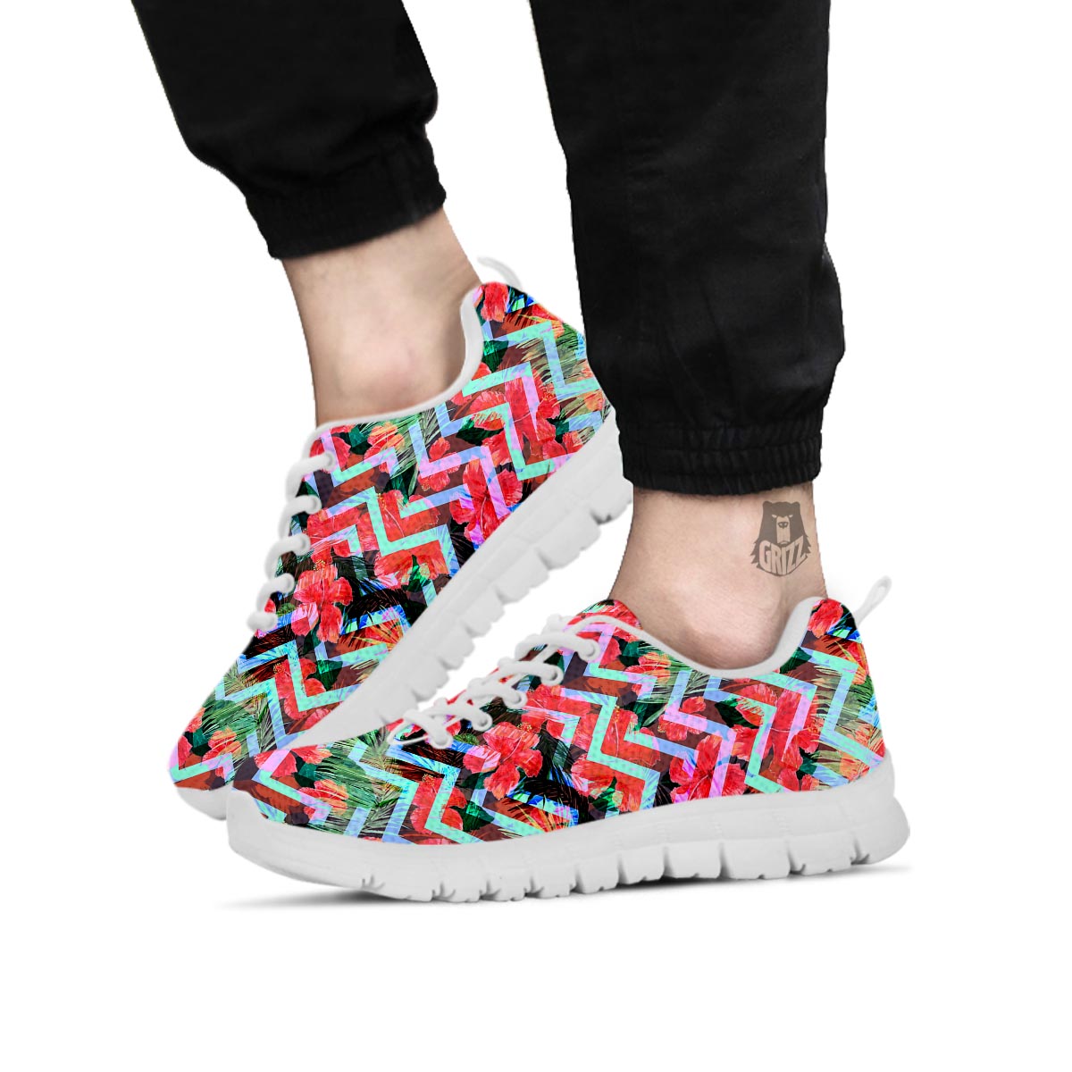 Chevron Red Hibiscus Print Pattern White Sneaker-grizzshop