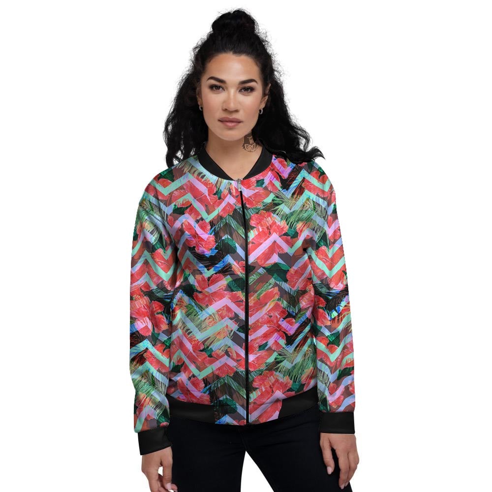 Chevron Red Hibiscus Print Pattern Women's Bomber Jacket-grizzshop