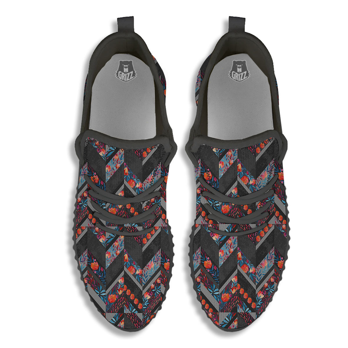 Chevron Watercolor Flowers Print Pattern Black Walking Shoes-grizzshop