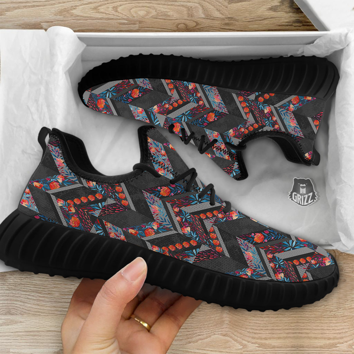 Chevron Watercolor Flowers Print Pattern Black Walking Shoes-grizzshop