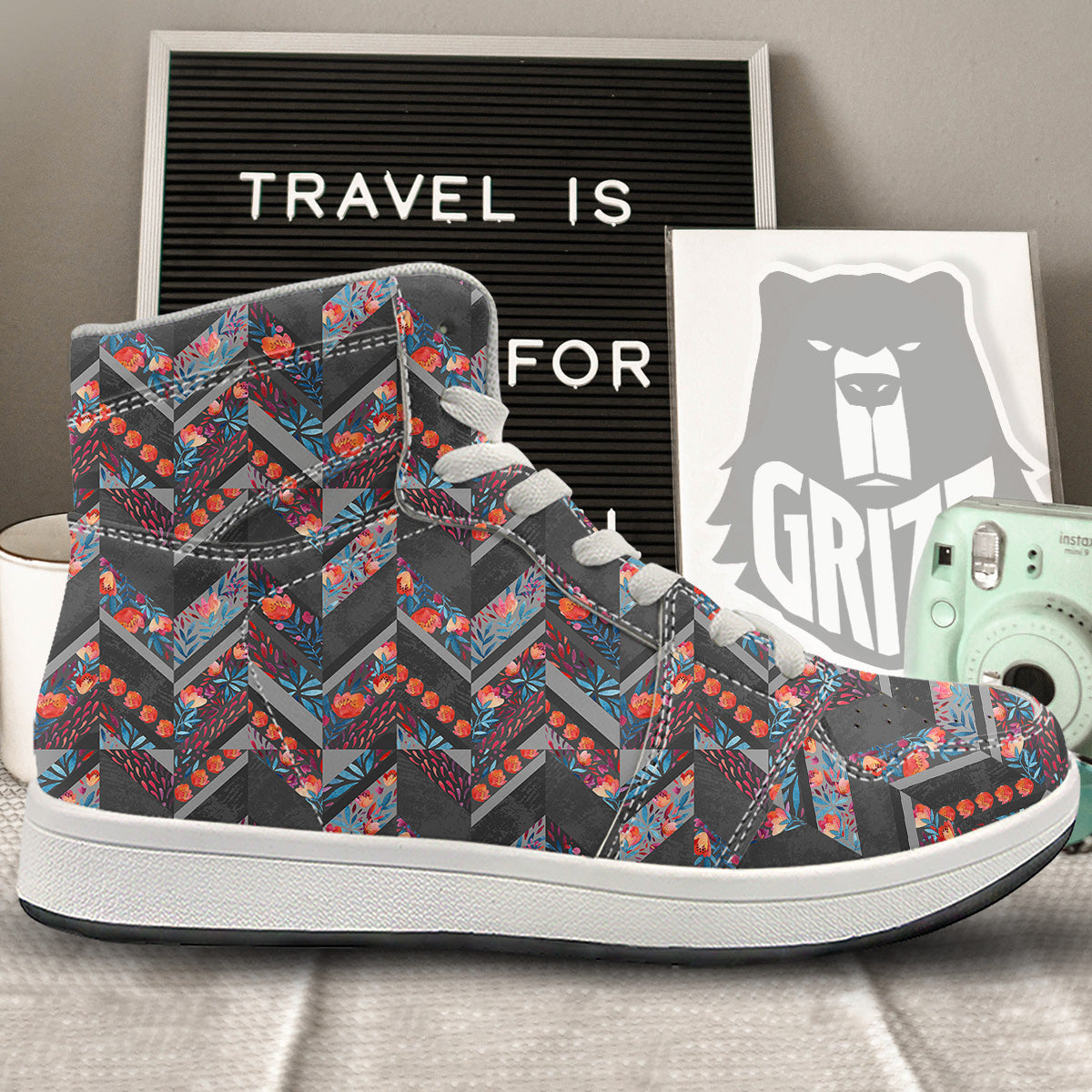 Chevron Watercolor Flowers Print Pattern High Top Sneakers-grizzshop
