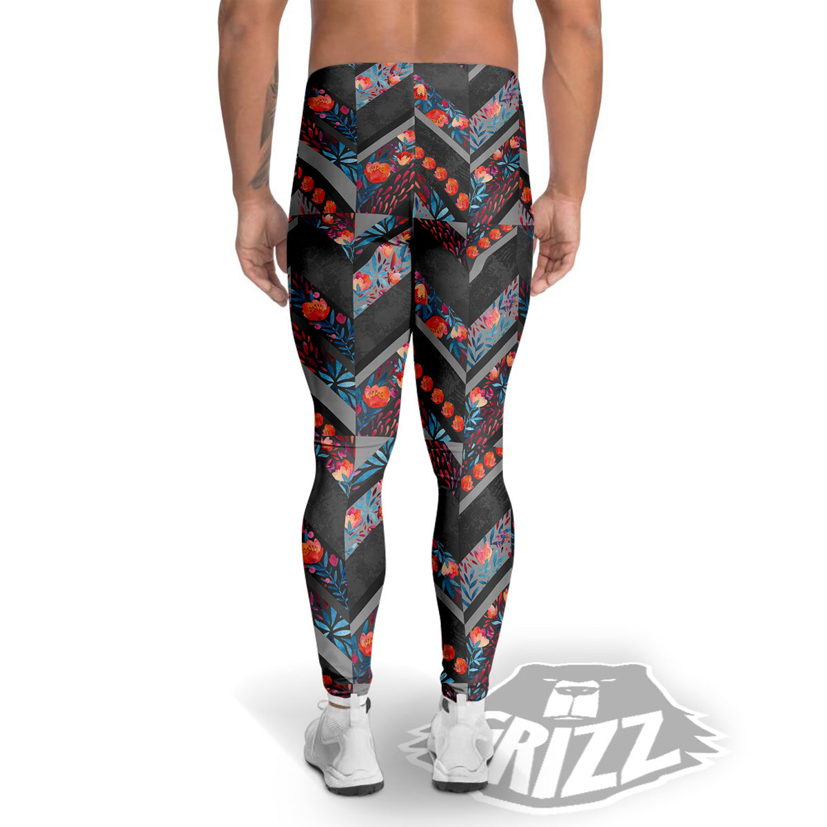 Chevron Watercolor Flowers Print Pattern Men's Leggings-grizzshop
