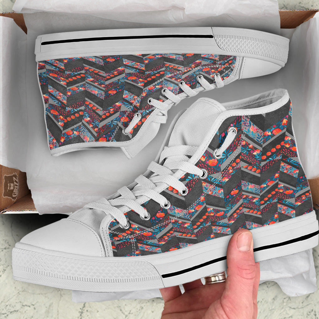 Chevron Watercolor Flowers Print Pattern White High Top Shoes-grizzshop