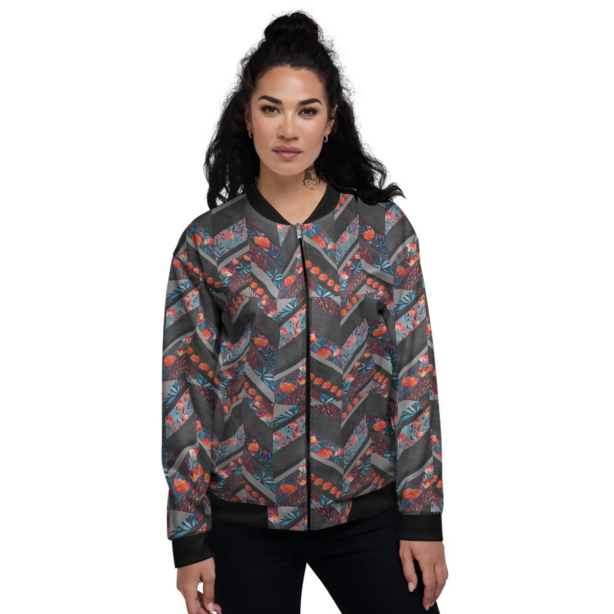 Chevron Watercolor Flowers Print Pattern Women's Bomber Jacket-grizzshop