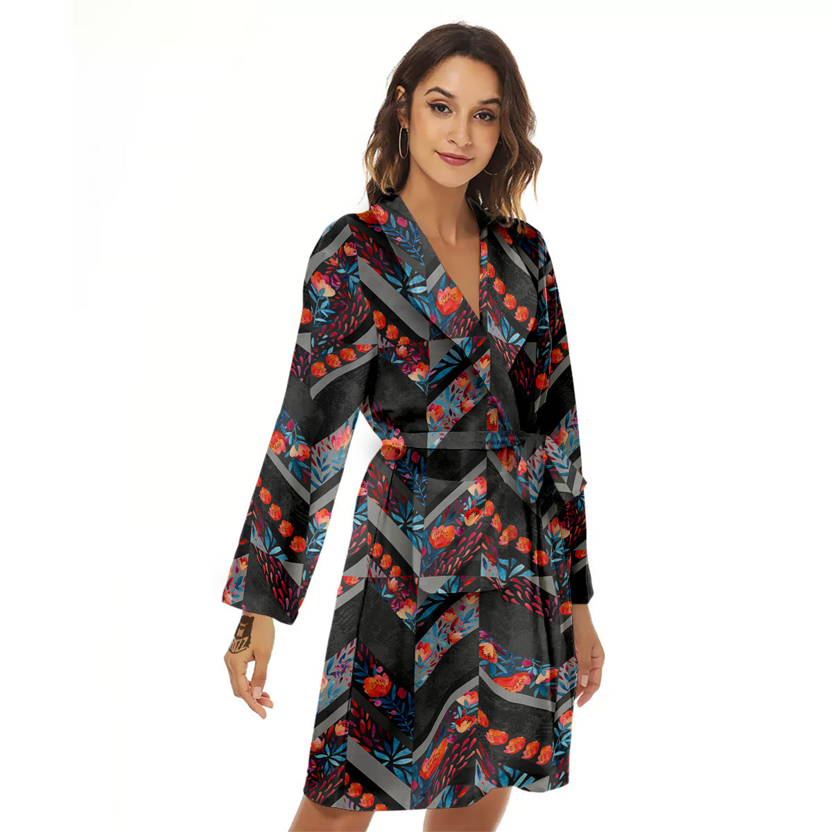 Chevron Watercolor Flowers Print Pattern Women's Robe-grizzshop