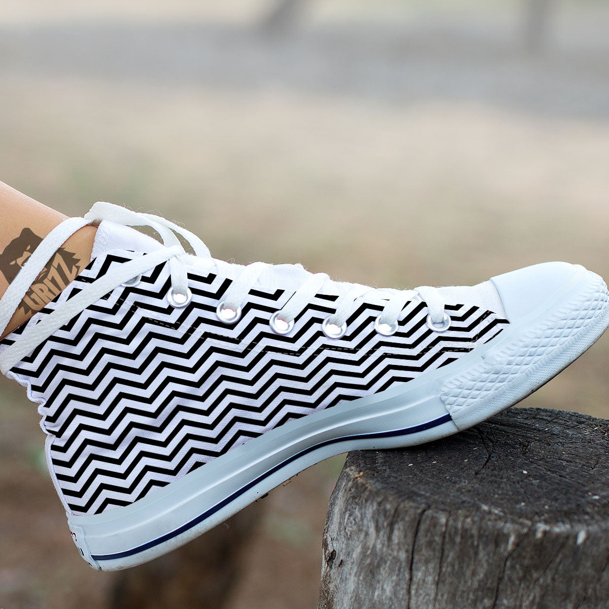 Chevron White And Black Print Pattern White High Top Shoes-grizzshop