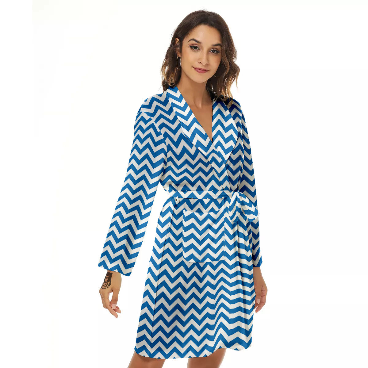 Chevron White And Blue Print Pattern Women's Robe-grizzshop