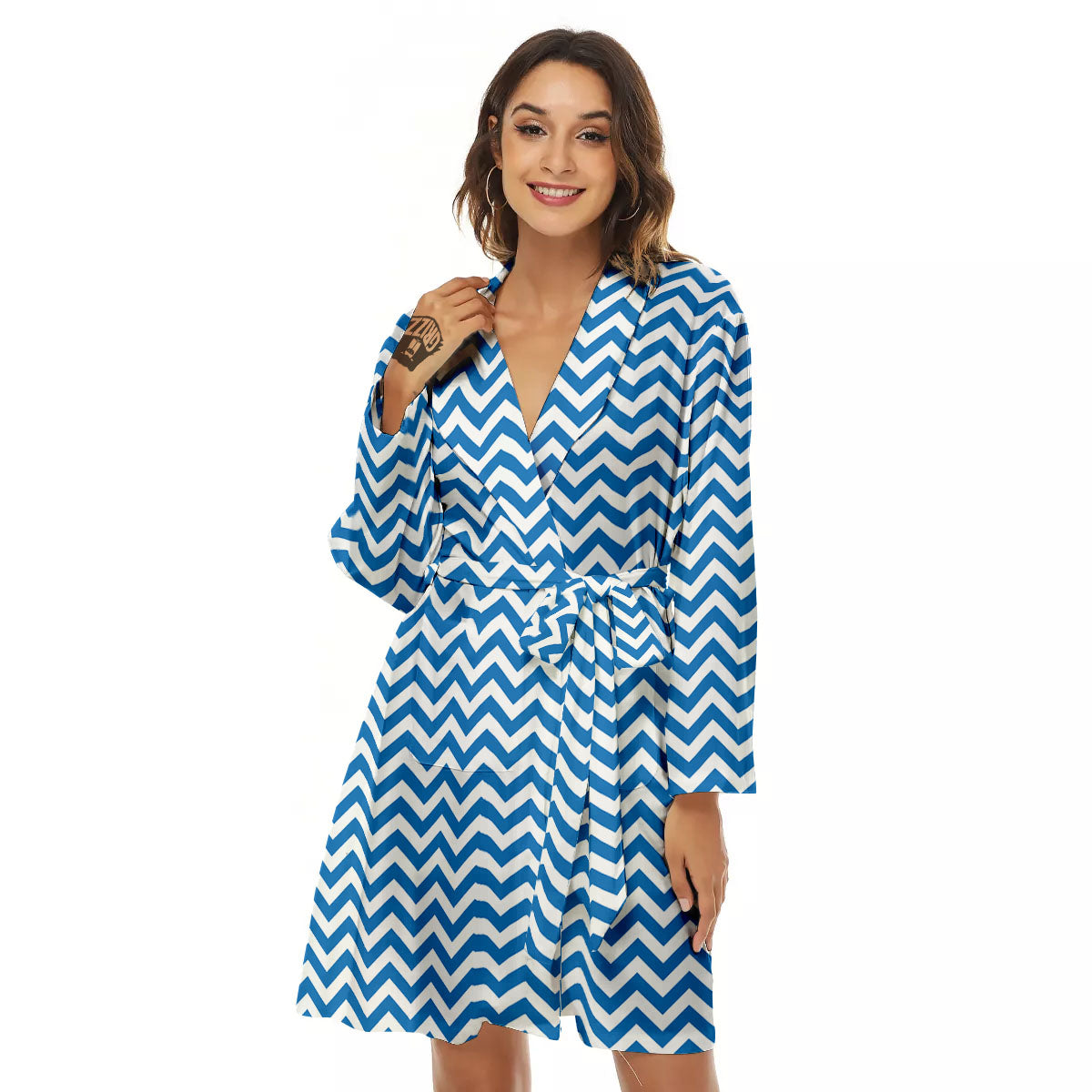 Chevron White And Blue Print Pattern Women's Robe-grizzshop