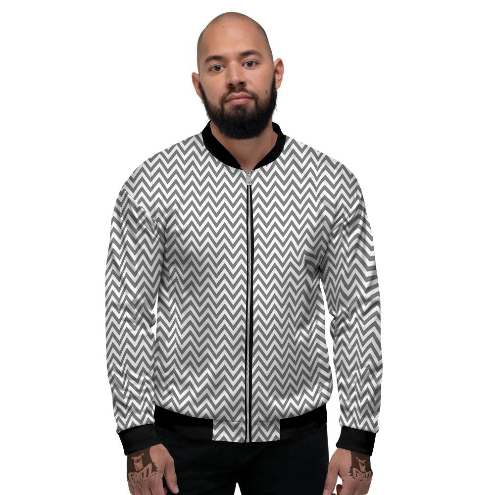 Chevron White And Grey Print Pattern Men's Bomber Jacket-grizzshop