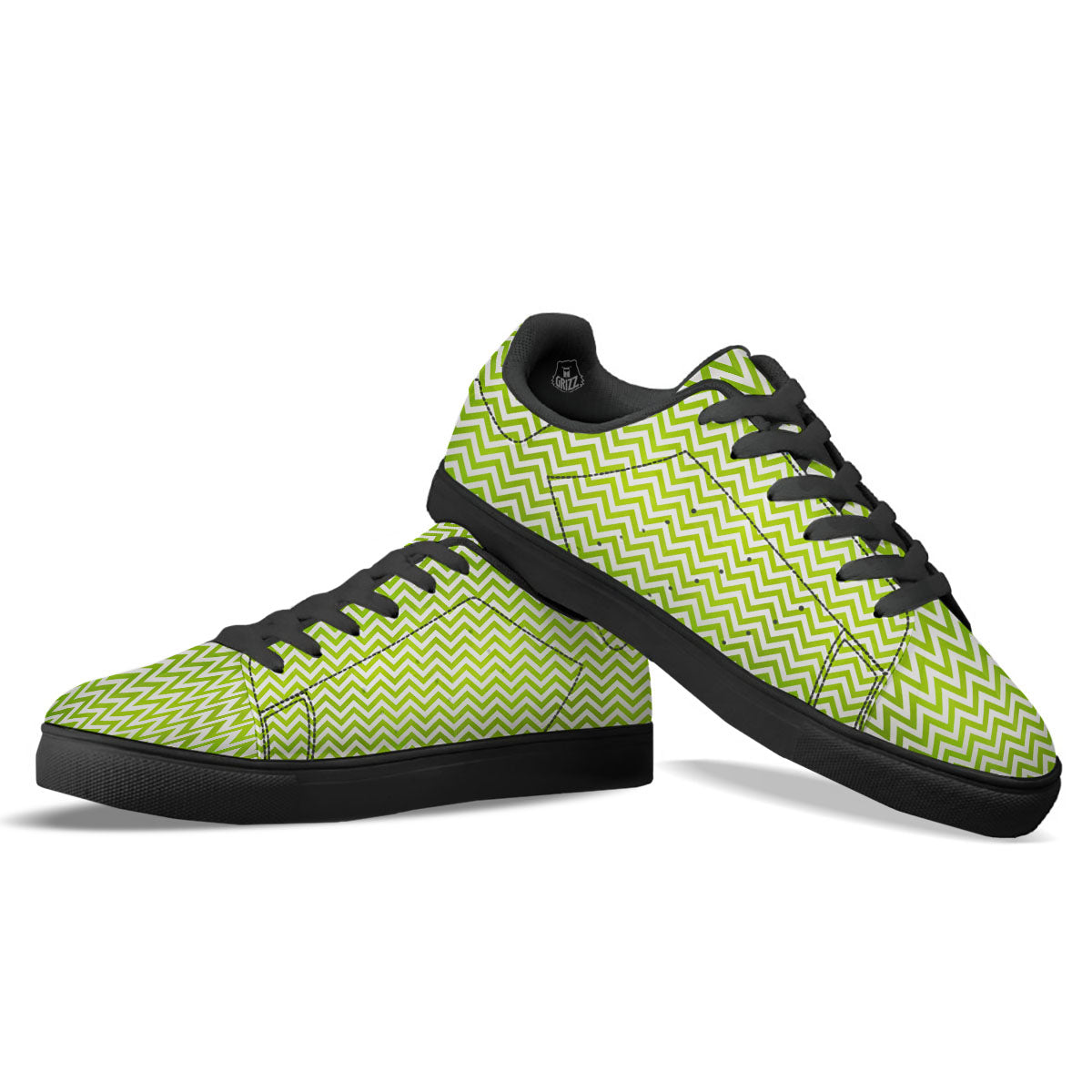 Chevron White And Lime Green Print Black Low Top Sneakers-grizzshop