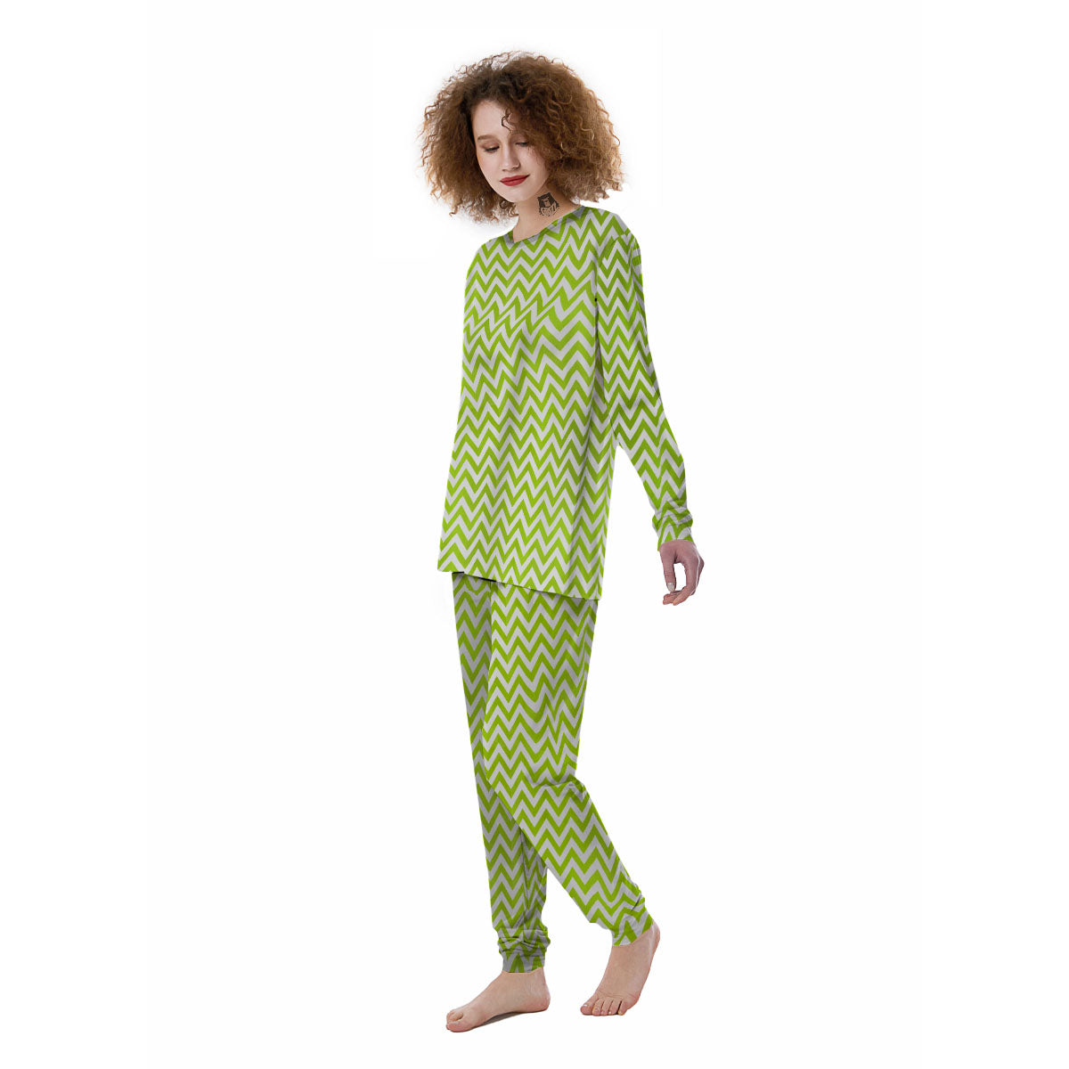 Chevron White And Lime Green Print Women's Pajamas-grizzshop