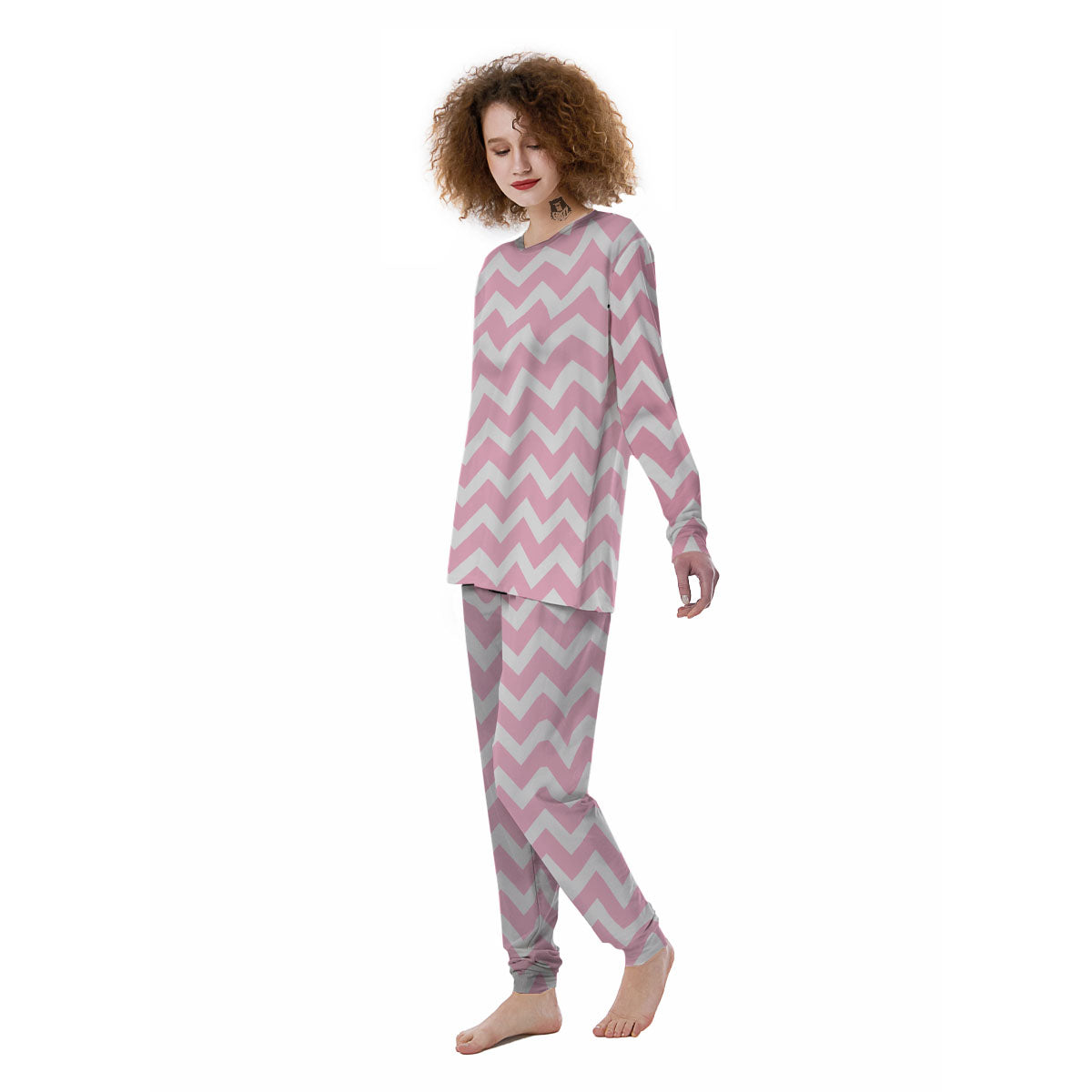 Chevron White And Pink Print Pattern Women's Pajamas-grizzshop