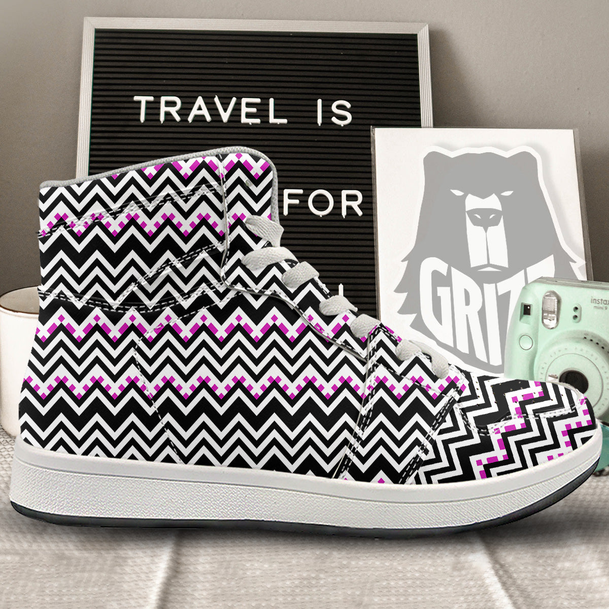 Chevron Zigzag Black Pink Print Pattern High Top Sneakers-grizzshop