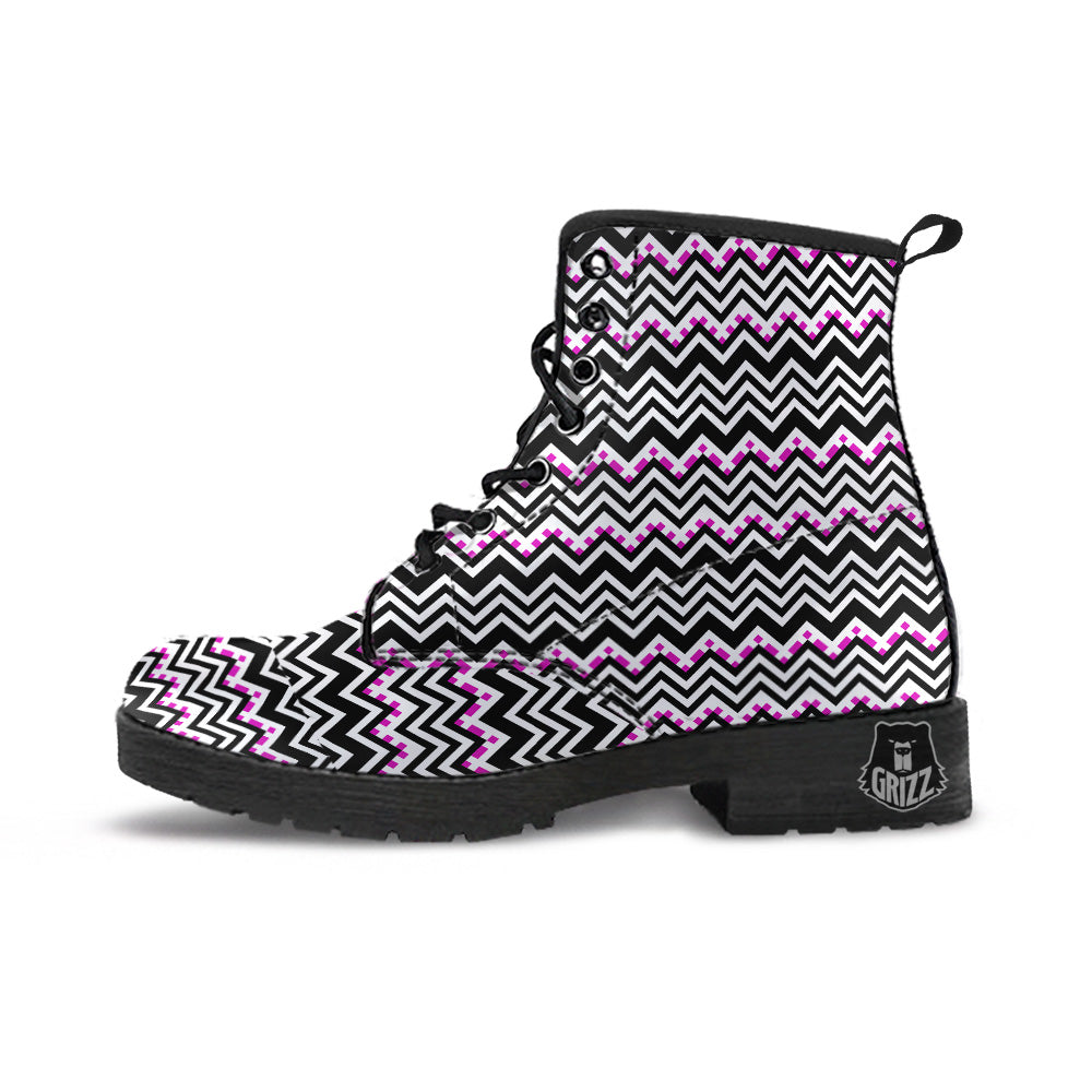 Chevron Zigzag Black Pink Print Pattern Leather Boots-grizzshop