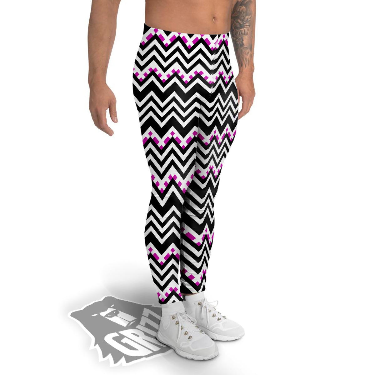 Chevron Zigzag Black Pink Print Pattern Men's Leggings-grizzshop