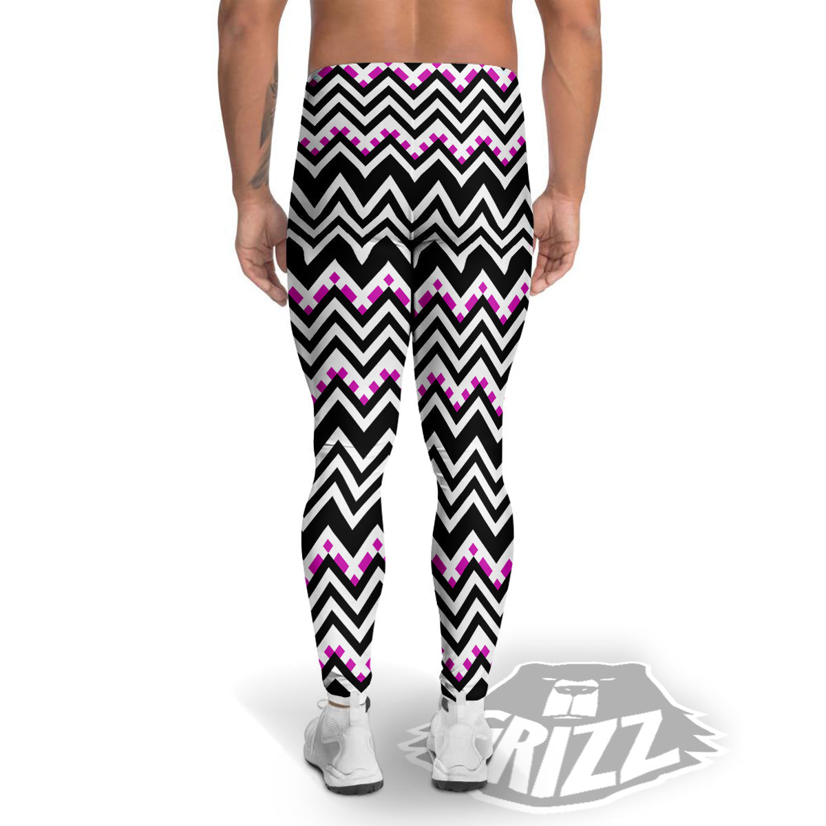 Chevron Zigzag Black Pink Print Pattern Men's Leggings-grizzshop