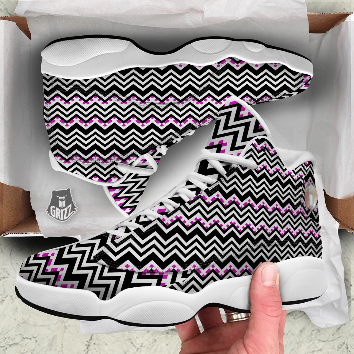 Chevron Zigzag Black Pink Print Pattern White Basketball Shoes-grizzshop