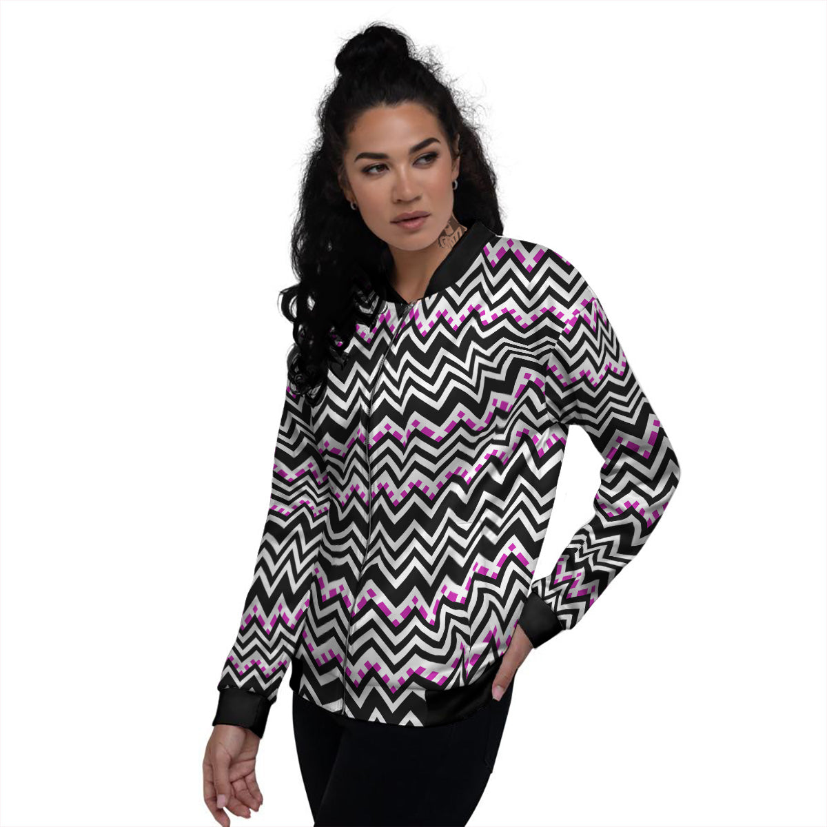 Chevron Zigzag Black Pink Print Pattern Women's Bomber Jacket-grizzshop