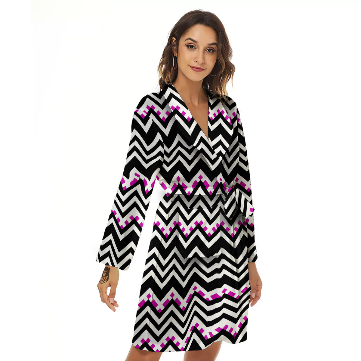 Chevron Zigzag Black Pink Print Pattern Women's Robe-grizzshop