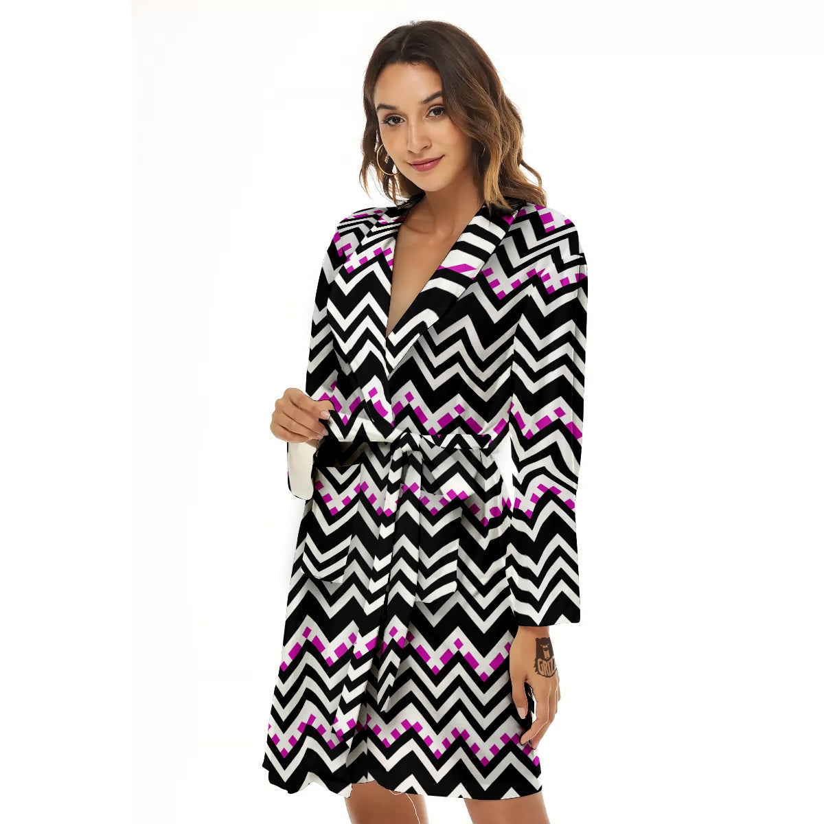 Chevron Zigzag Black Pink Print Pattern Women's Robe-grizzshop