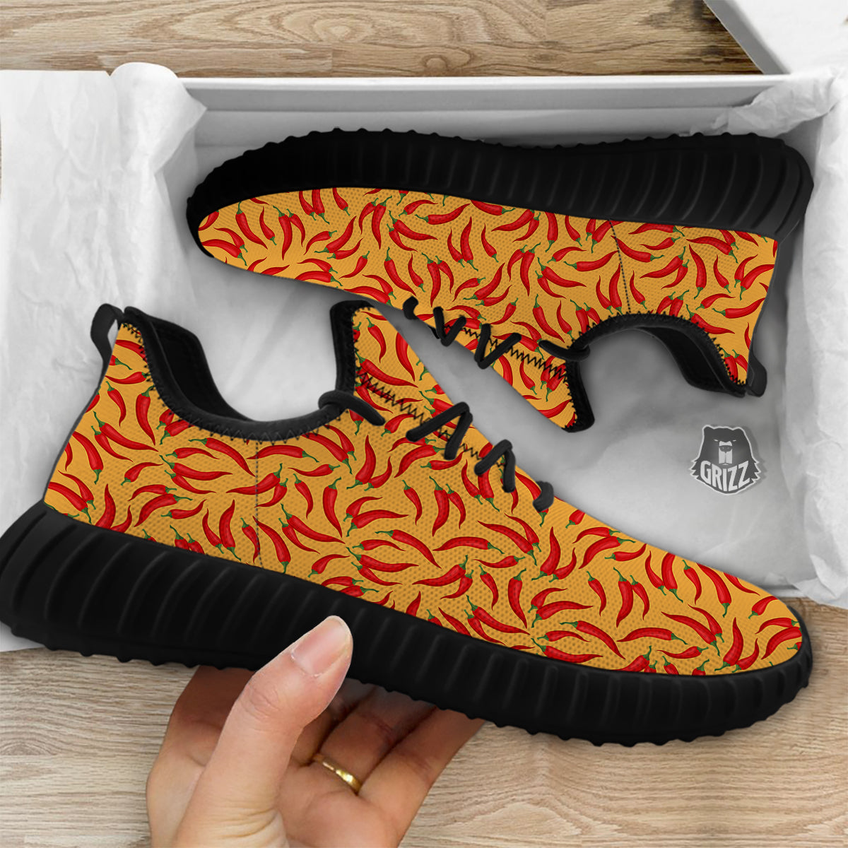Chili Pepper And Orange Print Pattern Black Walking Shoes-grizzshop