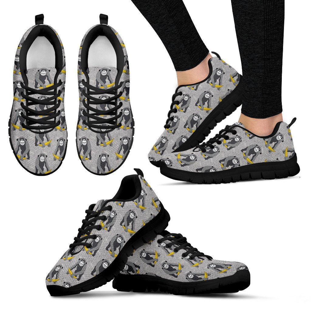 Chimp Monkey Banana Pattern Print Black Sneaker Shoes For Men Women-grizzshop