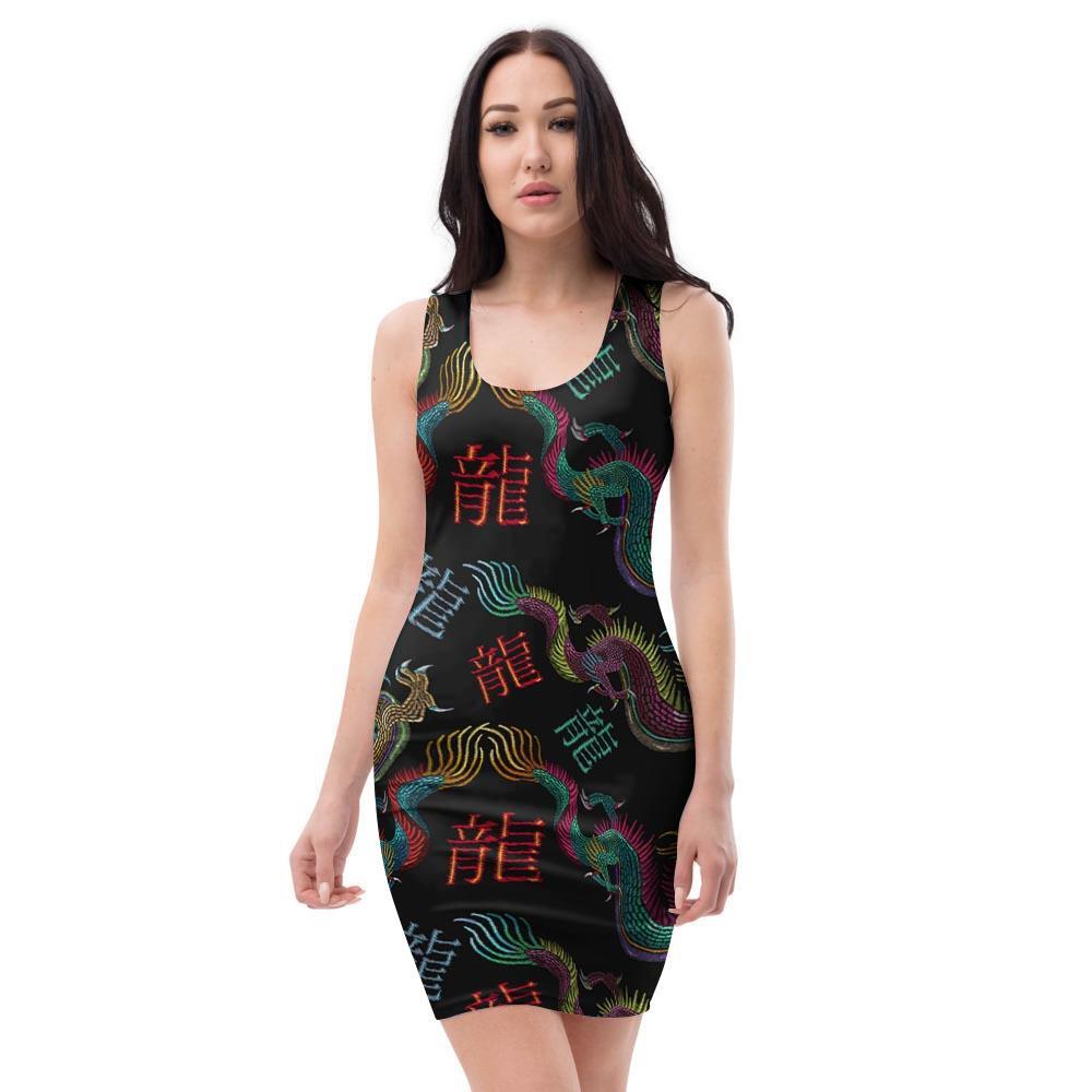 Chinese Dragon Character Print Bodycon Dress-grizzshop