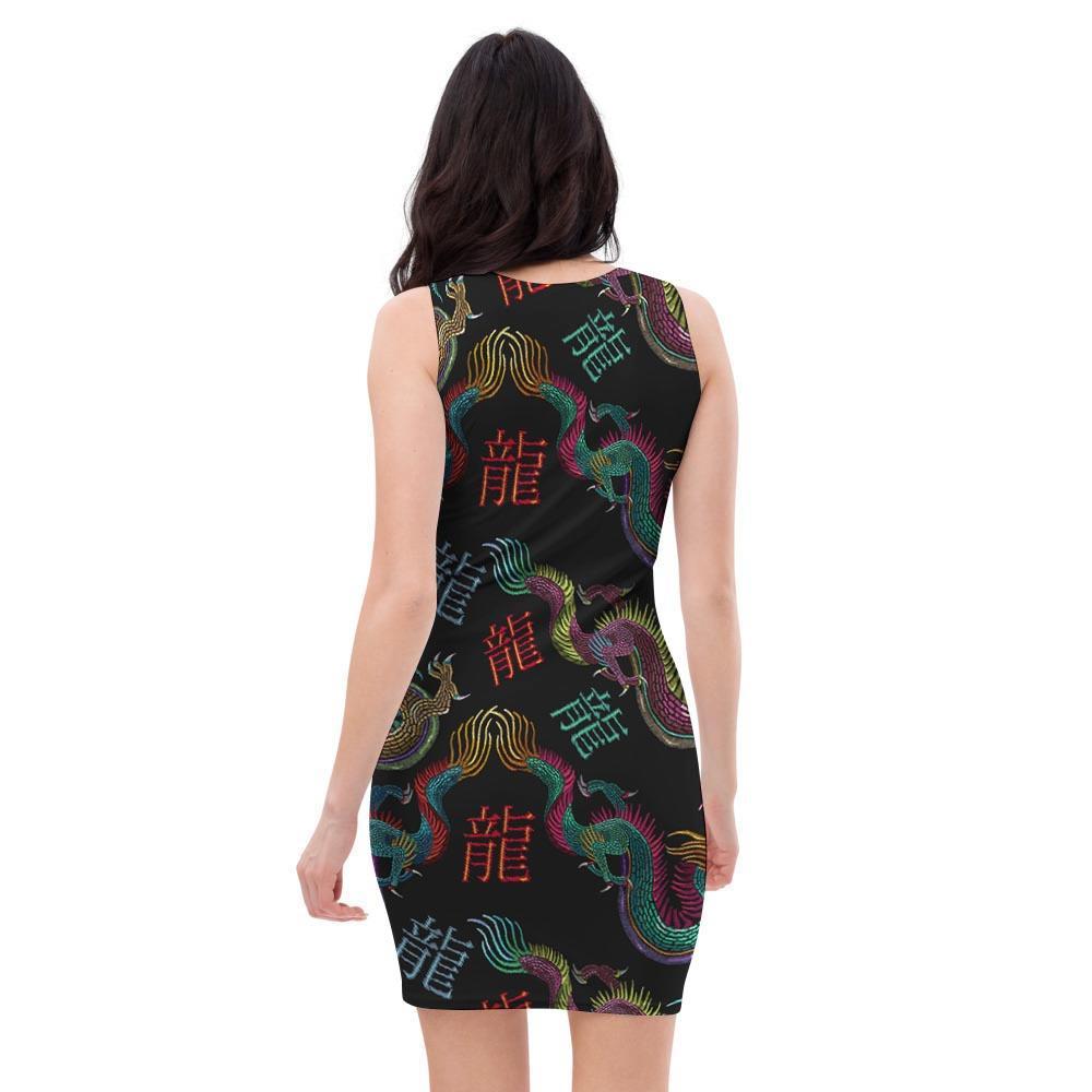 Chinese Dragon Character Print Bodycon Dress-grizzshop