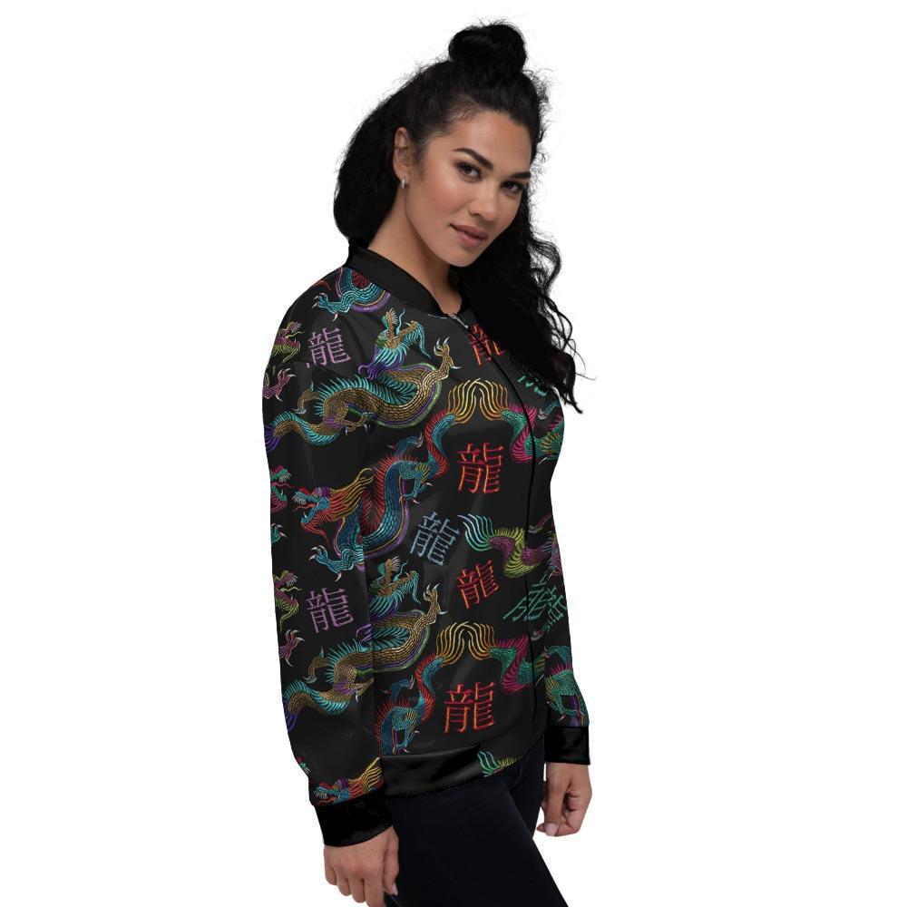 Chinese Dragon Character Print Women's Bomber Jacket-grizzshop