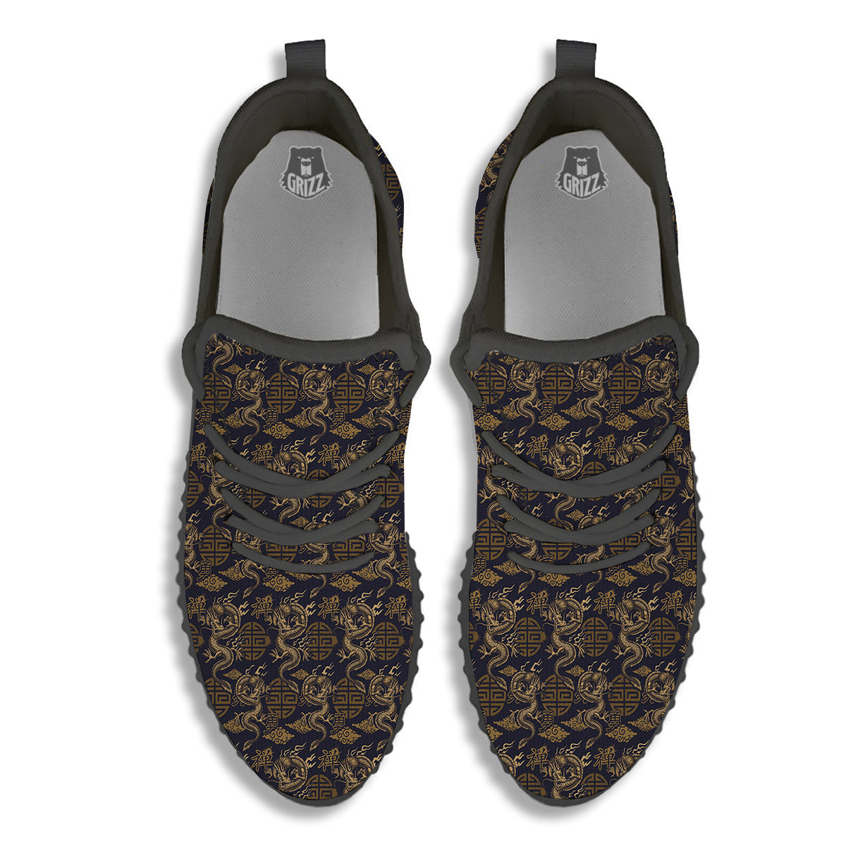 Chinese Dragon Print Pattern Black Walking Shoes-grizzshop