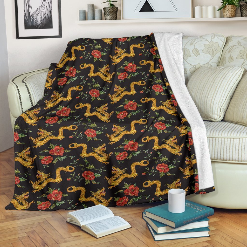 Chinese Dragon Rose Pattern Print Blanket-grizzshop