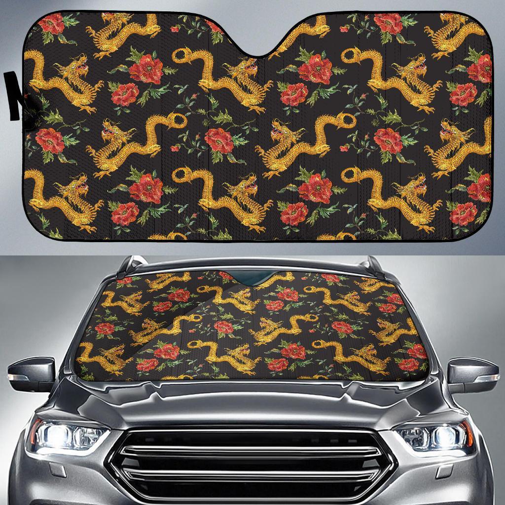 Chinese Dragon Rose Pattern Print Car Sun Shade-grizzshop