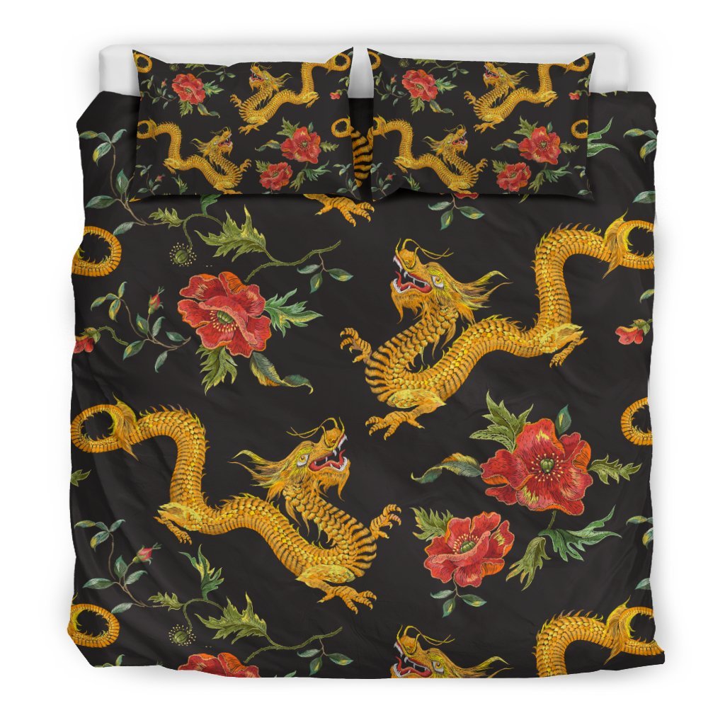 Chinese Dragon Rose Pattern Print Duvet Cover Bedding Set-grizzshop
