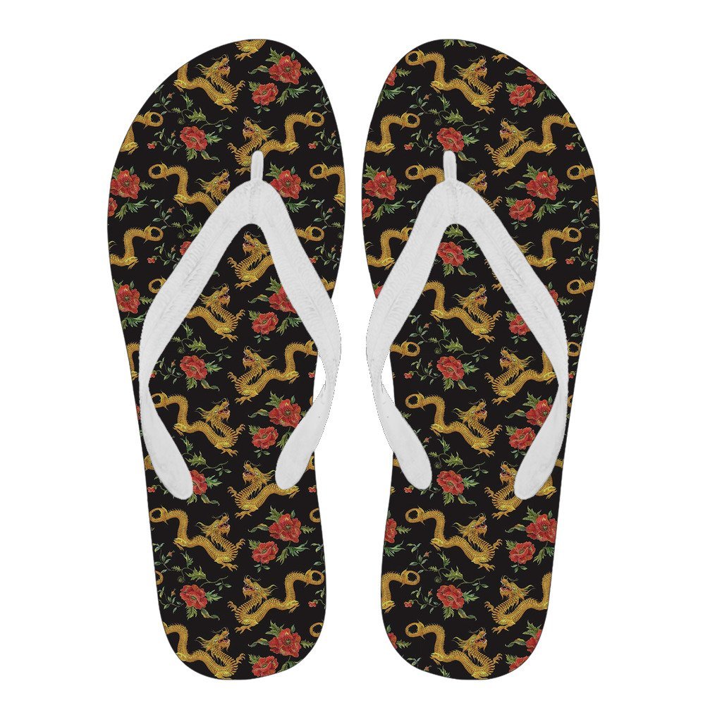 Chinese Dragon Rose Pattern Print Men & Women Flip Flops-grizzshop