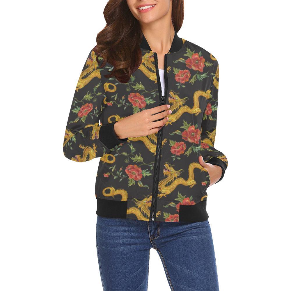 Chinese Dragon Rose Pattern Print Women Casual Bomber Jacket-grizzshop