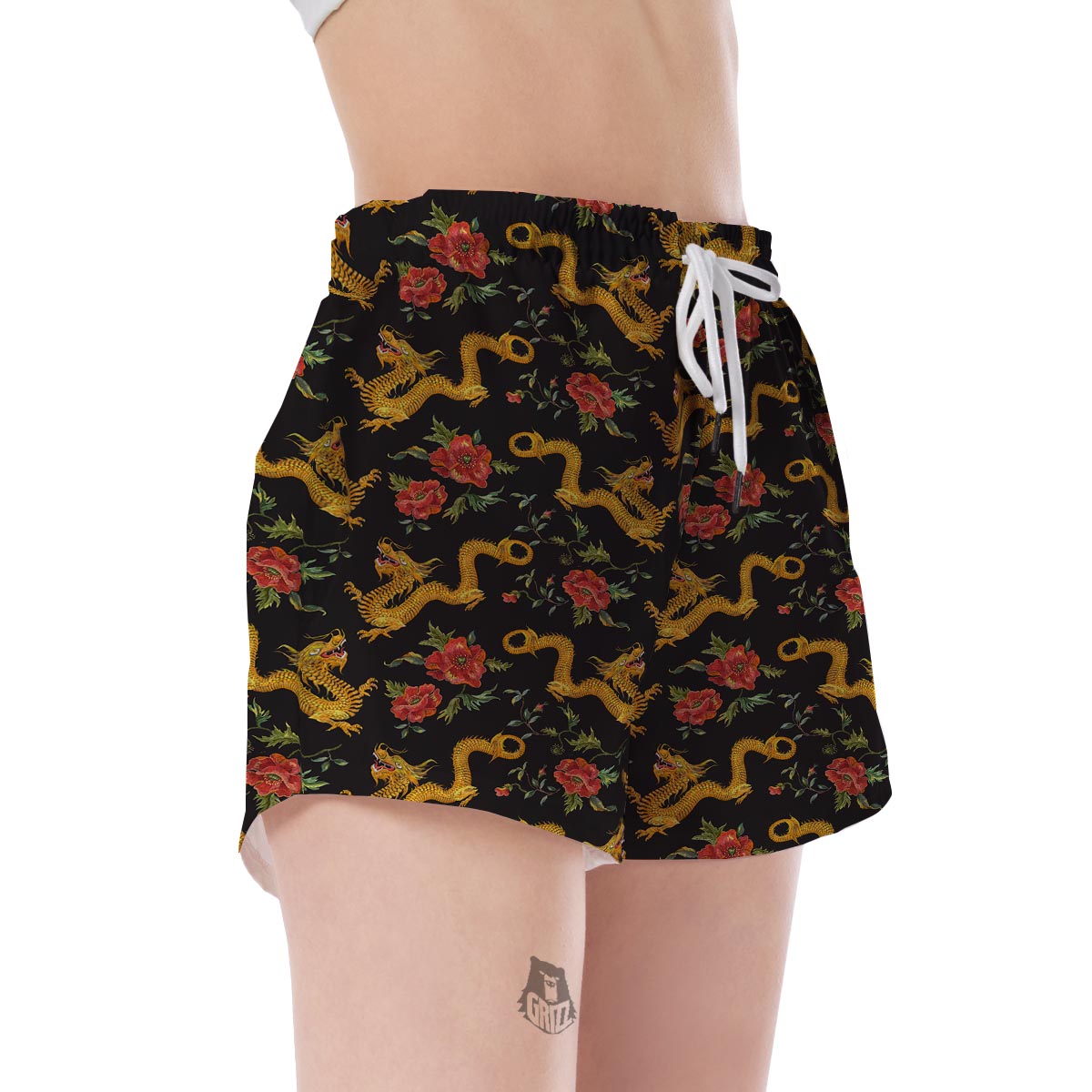 Chinese Dragon Rose Pattern Print Women's Shorts-grizzshop
