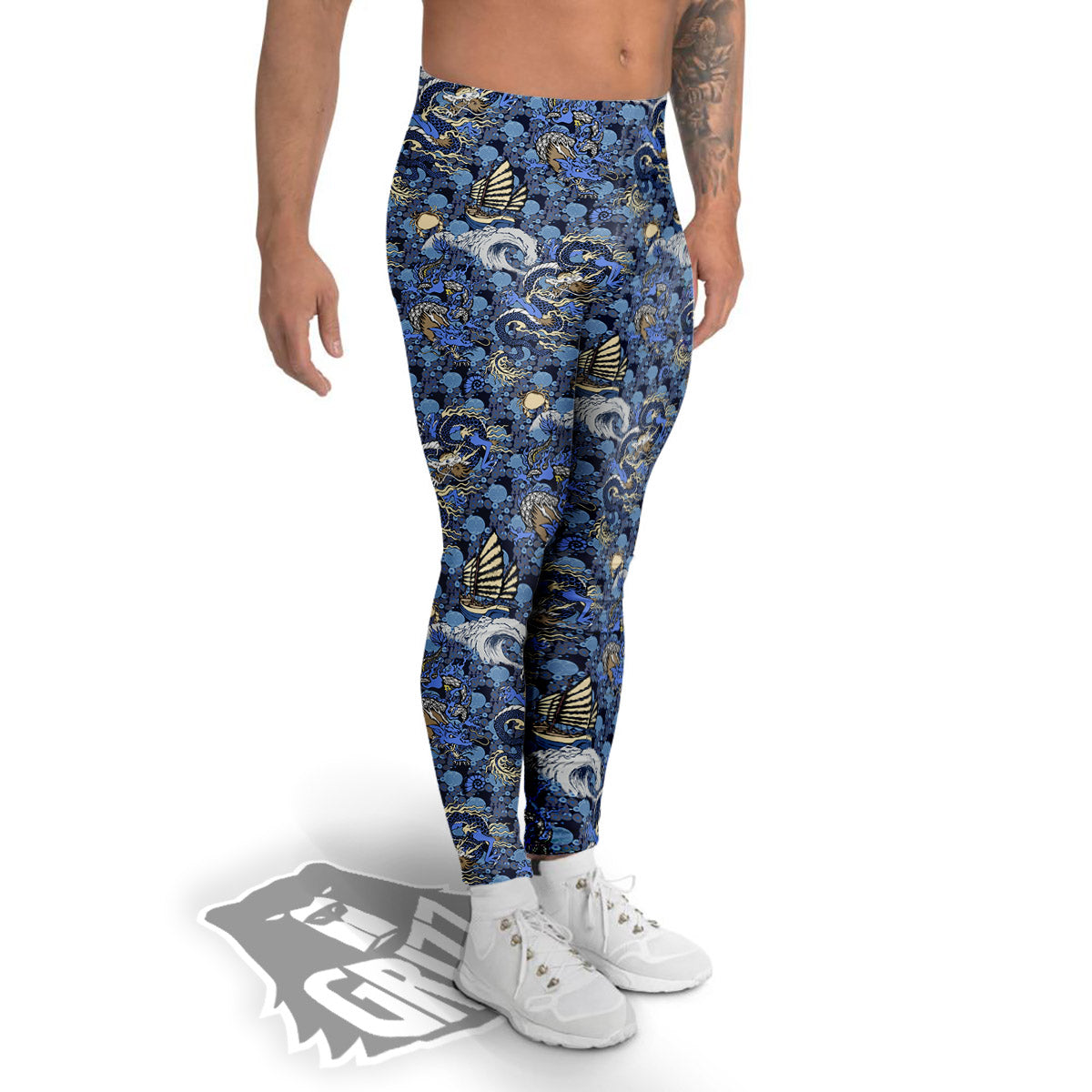 Chinese Dragon Sea Print Pattern Men's Leggings-grizzshop