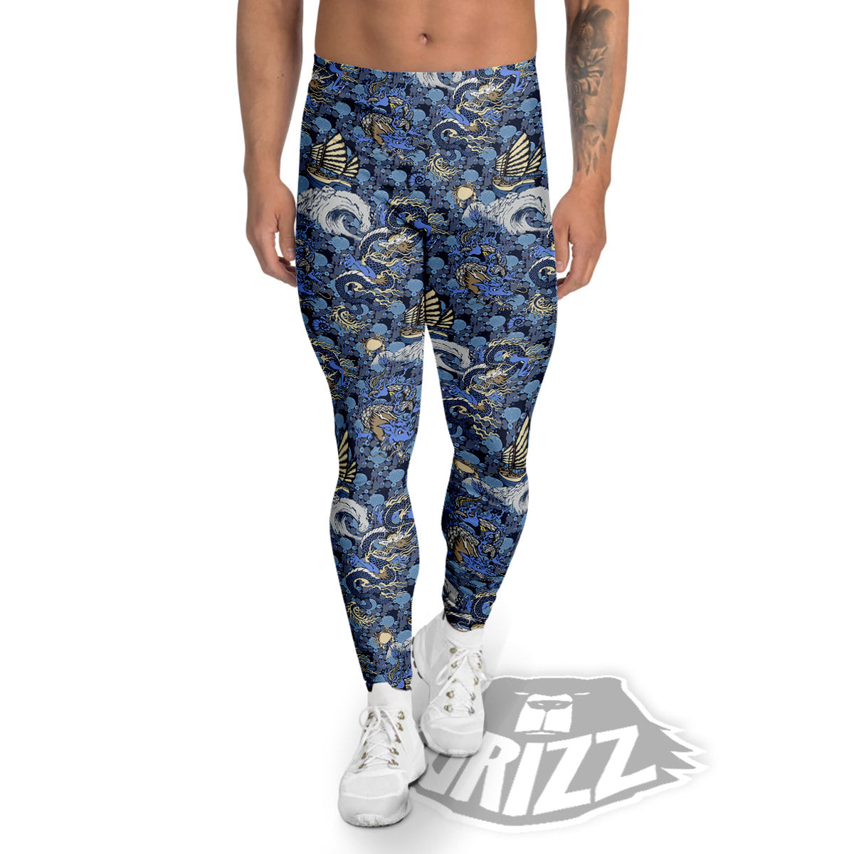 Chinese Dragon Sea Print Pattern Men's Leggings-grizzshop