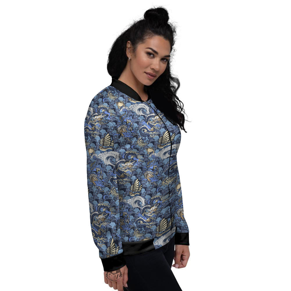 Chinese Dragon Sea Print Pattern Women's Bomber Jacket-grizzshop
