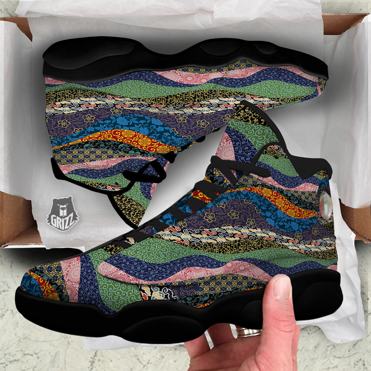 Chinese Fabric Art Print Pattern Black Basketball Shoes-grizzshop