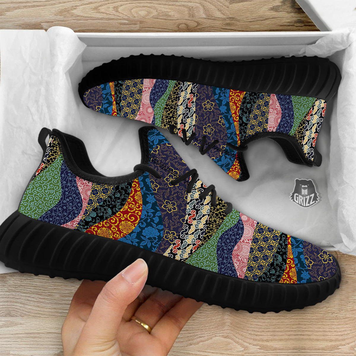 Chinese Fabric Art Print Pattern Black Walking Shoes-grizzshop