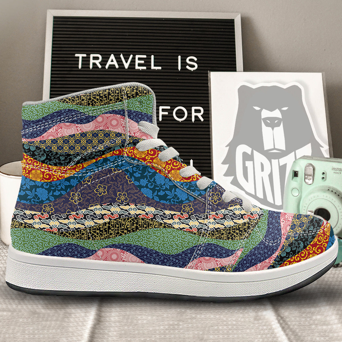 Chinese Fabric Art Print Pattern High Top Sneakers-grizzshop