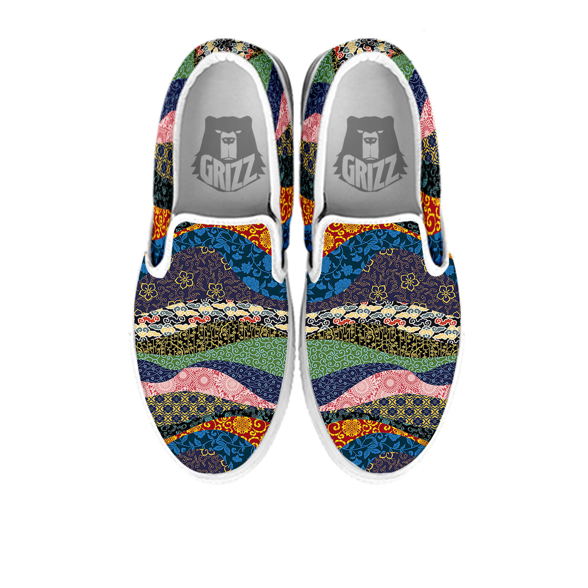 Chinese Fabric Art Print Pattern White Slip On Shoes-grizzshop