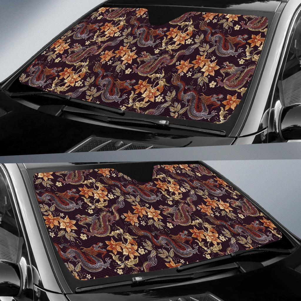 Chinese Floral Dragon Pattern Print Car Sun Shade-grizzshop