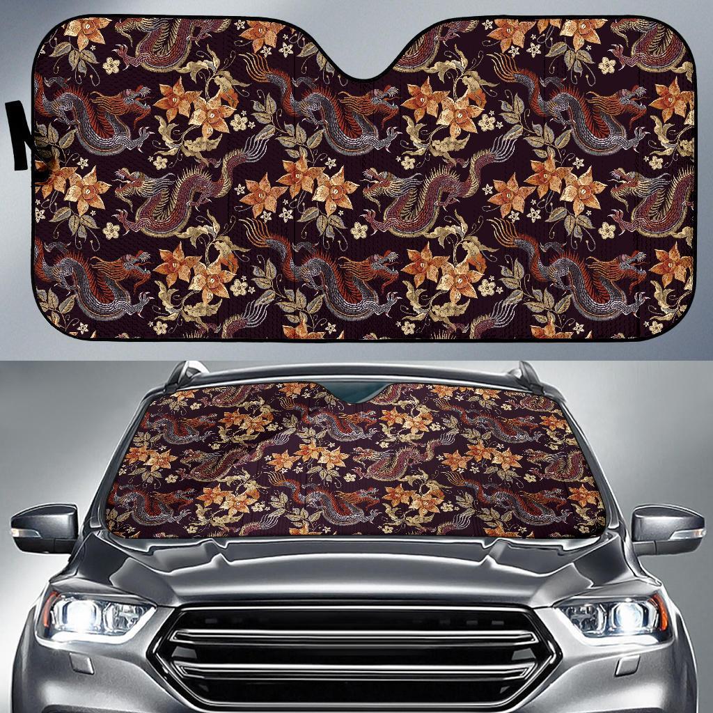 Chinese Floral Dragon Pattern Print Car Sun Shade-grizzshop