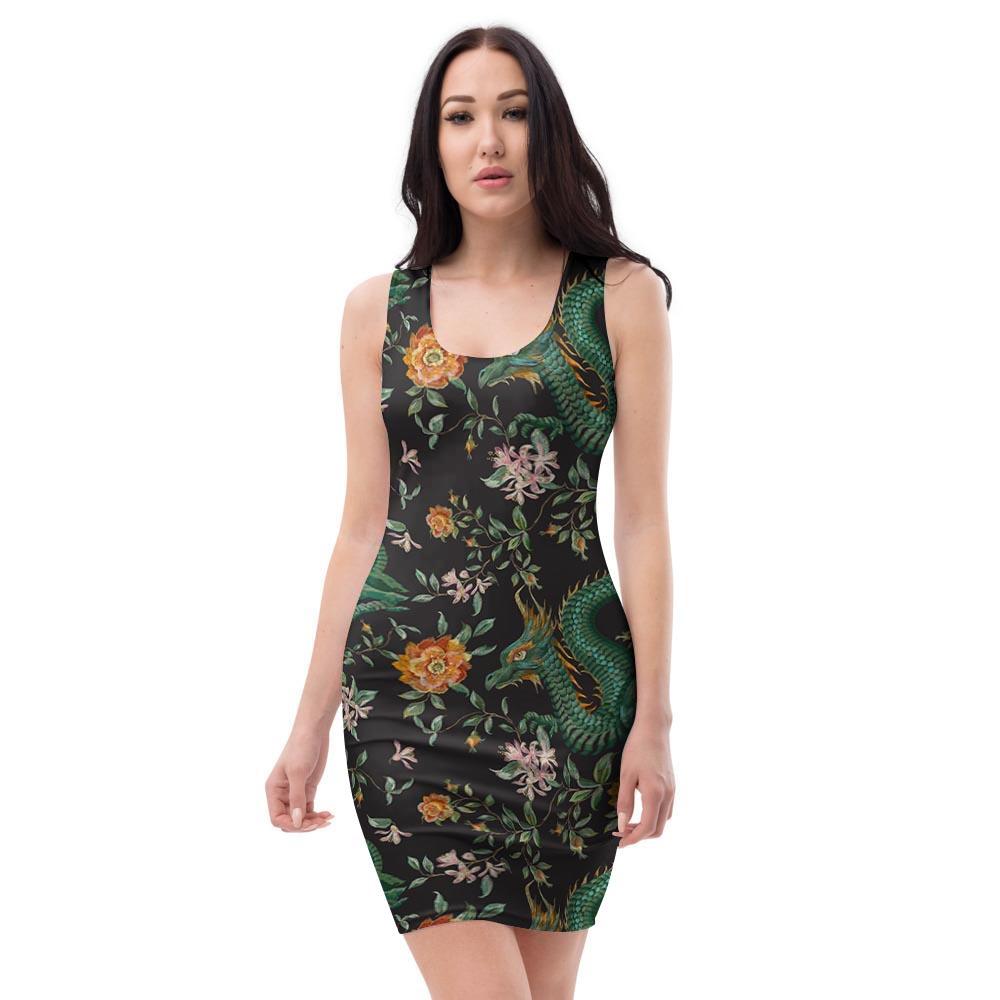 Chinese Green Dragon Print Bodycon Dress-grizzshop